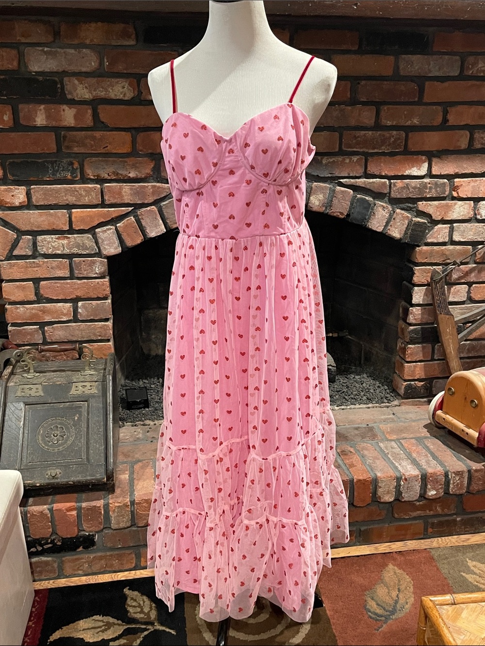 Betsey Johnson Corset Pink Midi Tulle Dress with Red Heart Print size 12